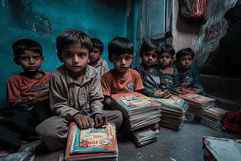 Children receiving educational books in a community setting.