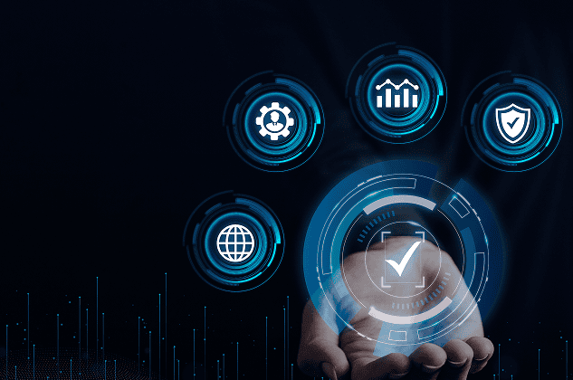 Enixen Group digital solutions with data security and analytics icons.