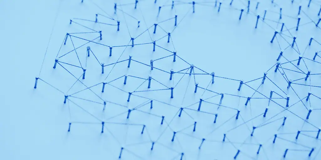 Modern digital network with interconnected nodes and lines.