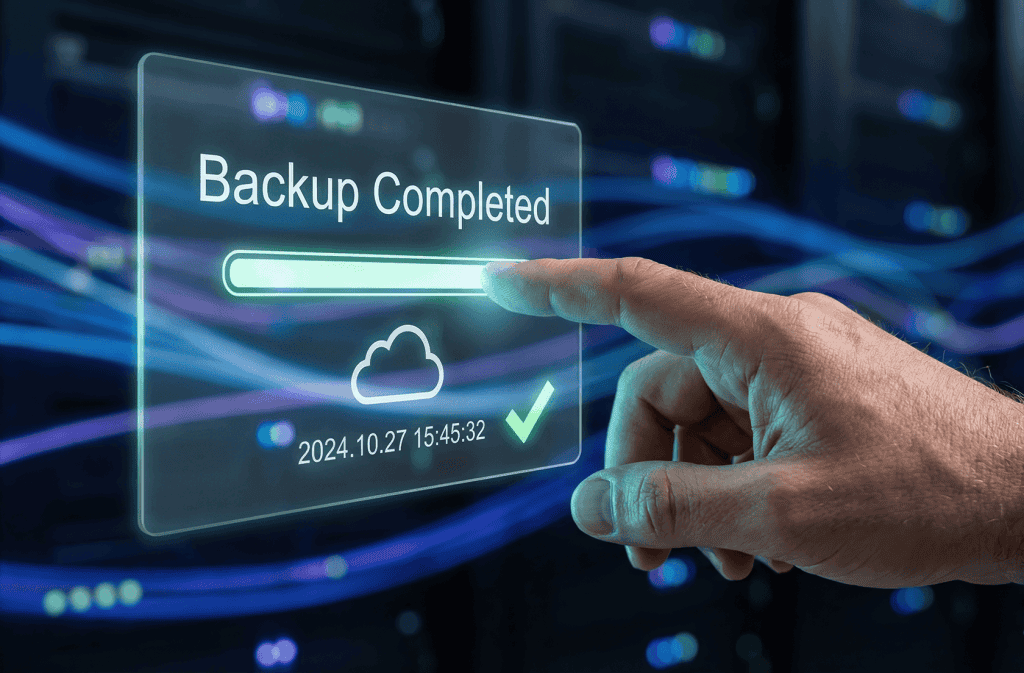 Backup completed notification with cloud icon and progress bar.