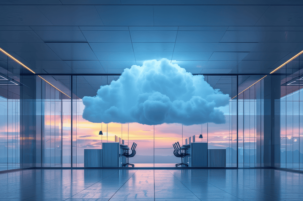 Modern office with cloud-shaped installation and workstations, symbolizing cloud technology.