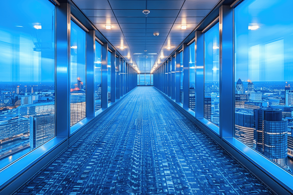 Bright glass corridor overlooking urban cityscape with tall buildings and sunset sky.