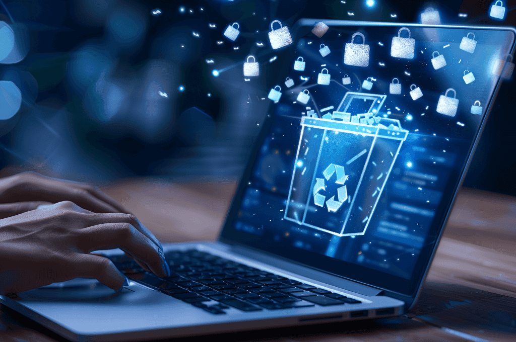 Data recovery process on a laptop with digital security icons.