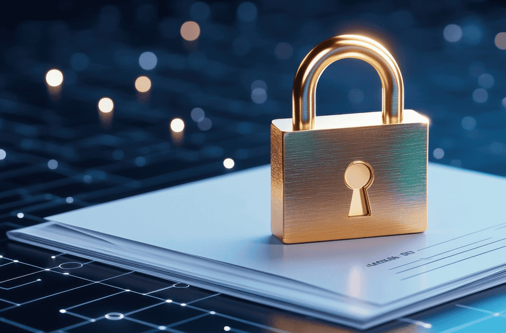 Digital security lock on documents symbolizing data protection and cybersecurity.